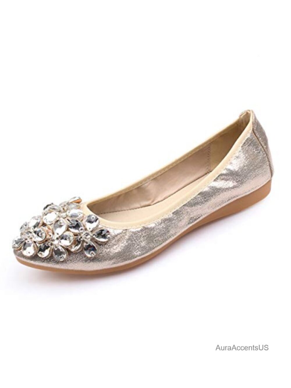 Women Pointed Toe Foldable Ballet Flats Rhinestone Slip On Wedding Shoes